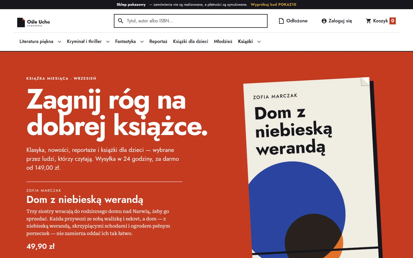 Zrzut strony pokazowej dla branży: Księgarnia internetowa — Autorskie okładki, zaginany róg „na później” i kasa z paczkomatem