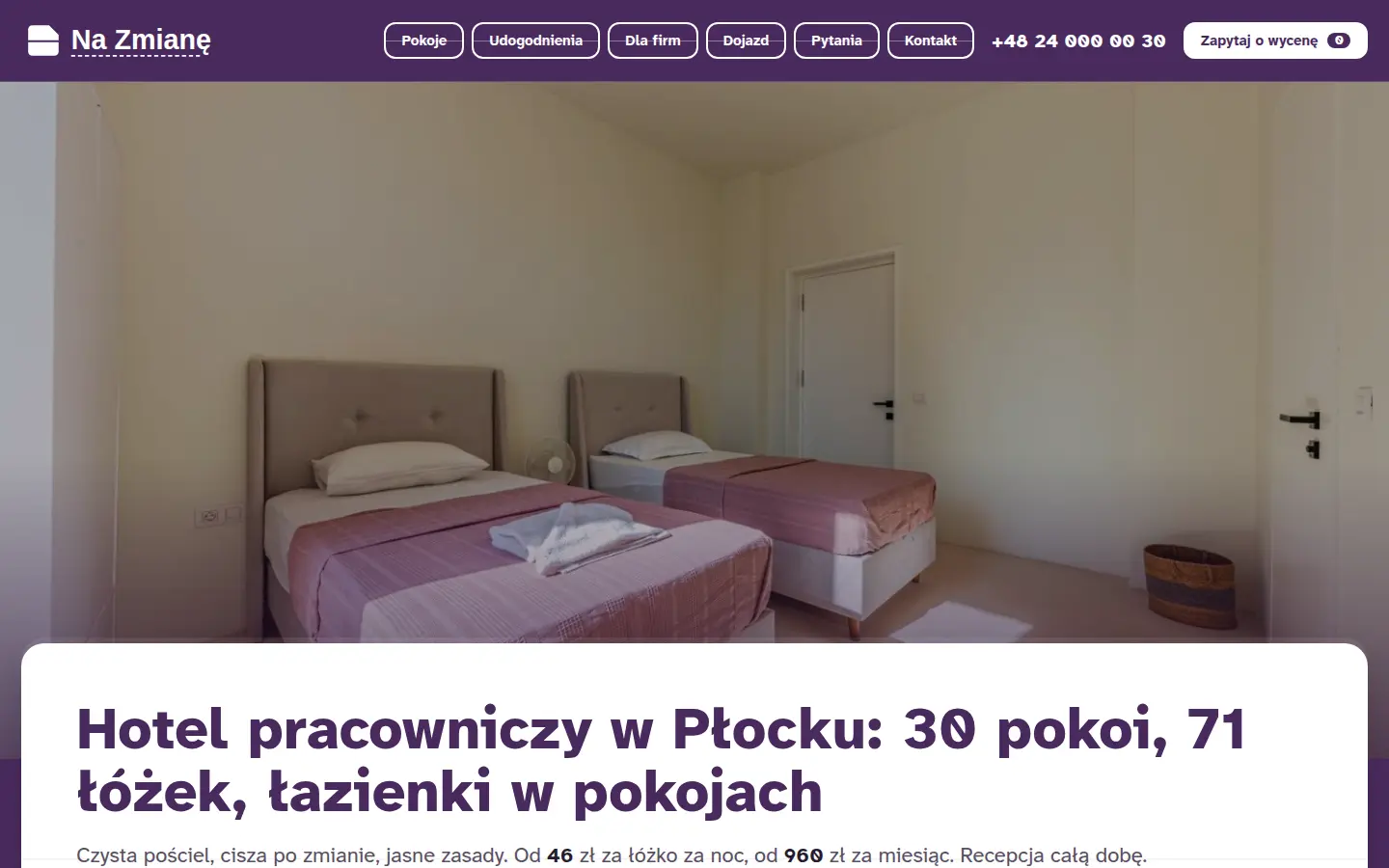 Zrzut strony pokazowej dla branży: Hotel pracowniczy — Filtr 30 pokoi i 71 łóżek oraz lista do wyceny z licznikiem