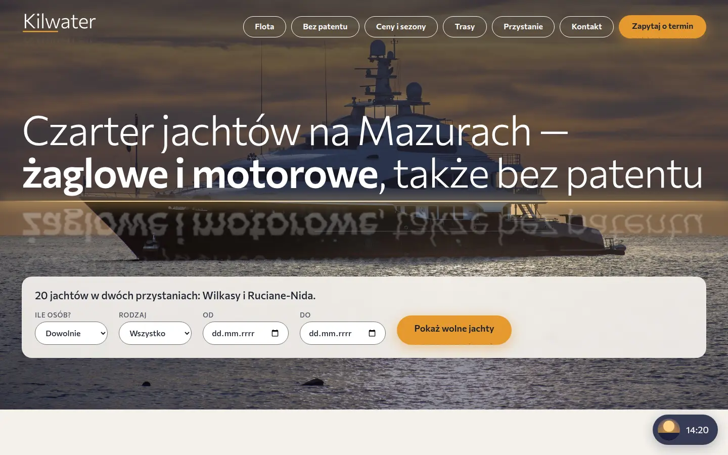 Zrzut strony pokazowej dla branży: Czarter jachtów — Filtr floty 20 jachtów, ceny w trzech sezonach i strona zmieniająca światło jak wieczór nad jeziorem