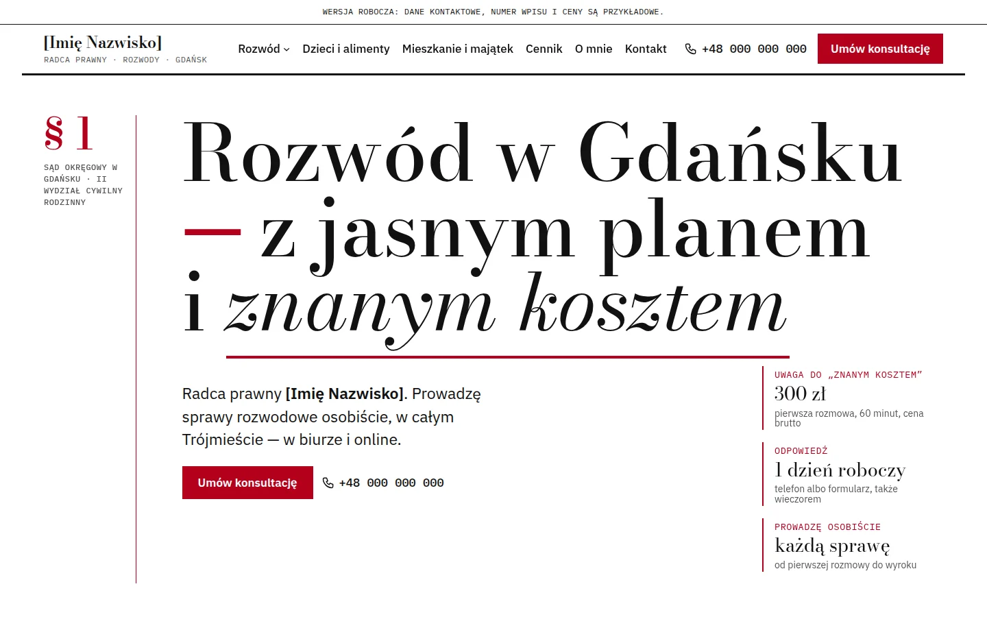 Zrzut strony pokazowej dla branży: Kancelaria prawna — Cennik konsultacji i przebieg sprawy krok po kroku