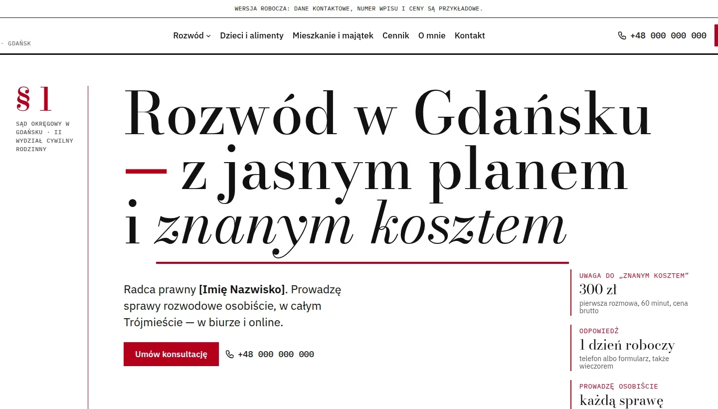 Zrzut pierwszego ekranu strony pokazowej dla branży „Kancelaria prawna”.