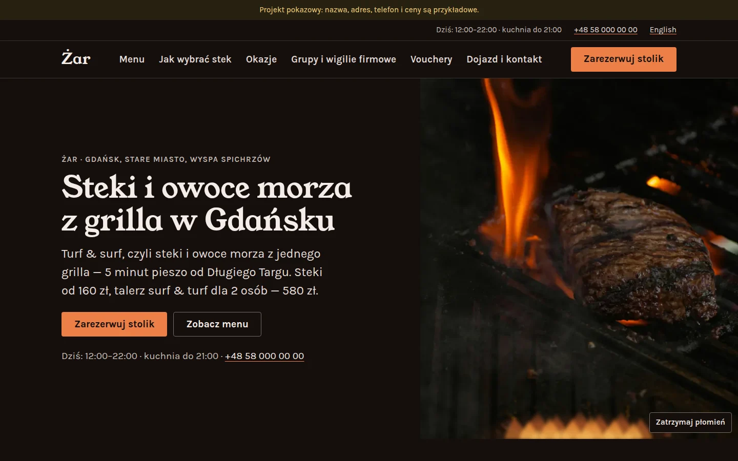 Zrzut strony pokazowej dla branży: Restauracja — Karta dań jako strona i prośba o rezerwację stolika