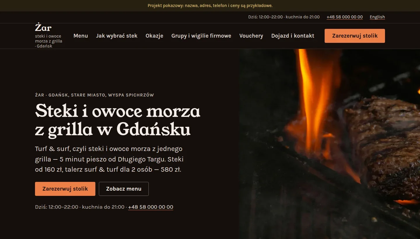 Zrzut pierwszego ekranu strony pokazowej dla branży „Restauracja”.
