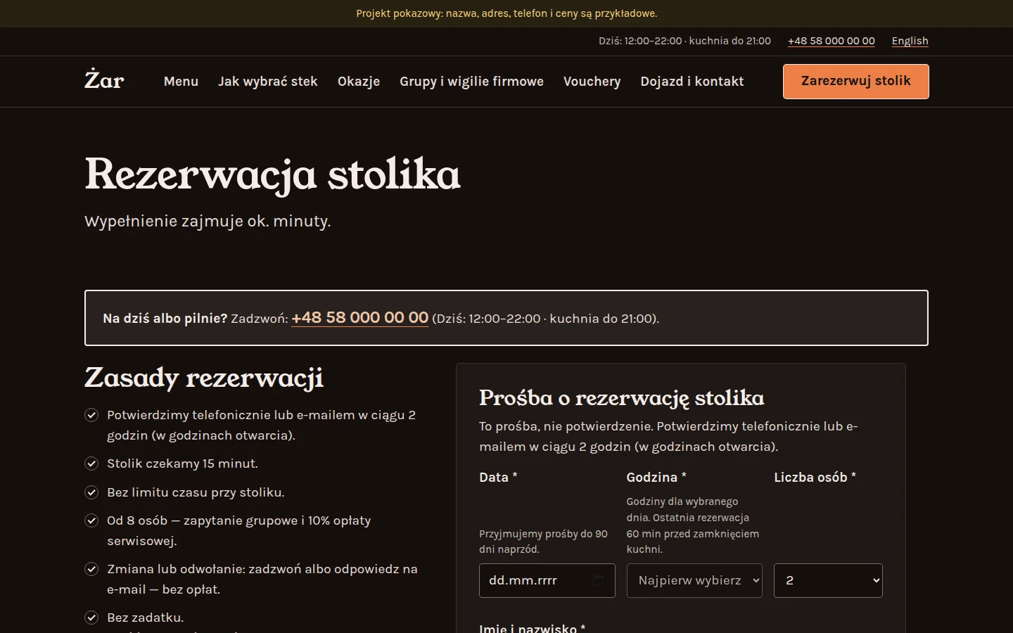 Rezerwacja stolika i karta dań jako strona