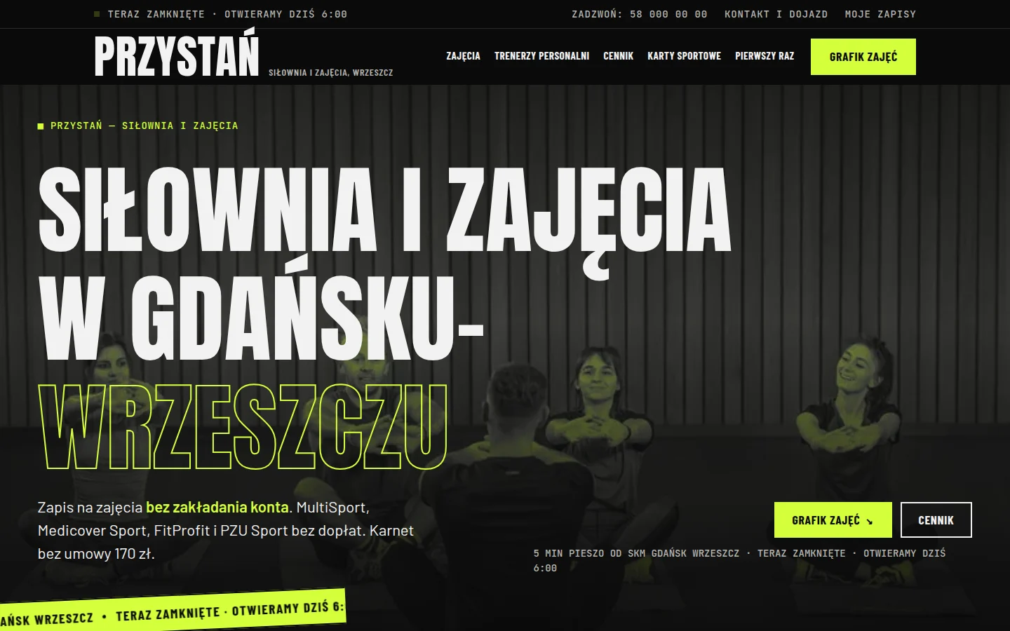 Zrzut strony pokazowej dla branży: Siłownia — Grafik zajęć z wolnymi miejscami i zapisami online