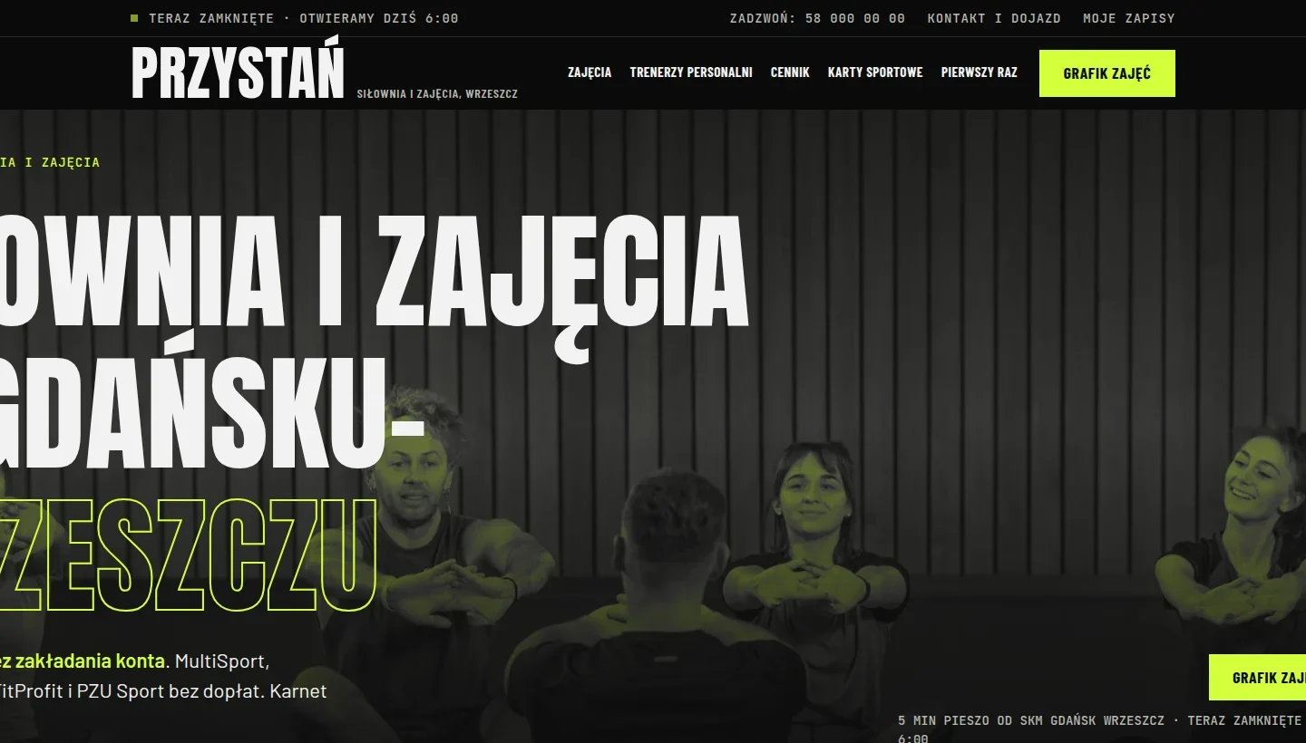 Zrzut pierwszego ekranu strony pokazowej dla branży „Siłownia”.