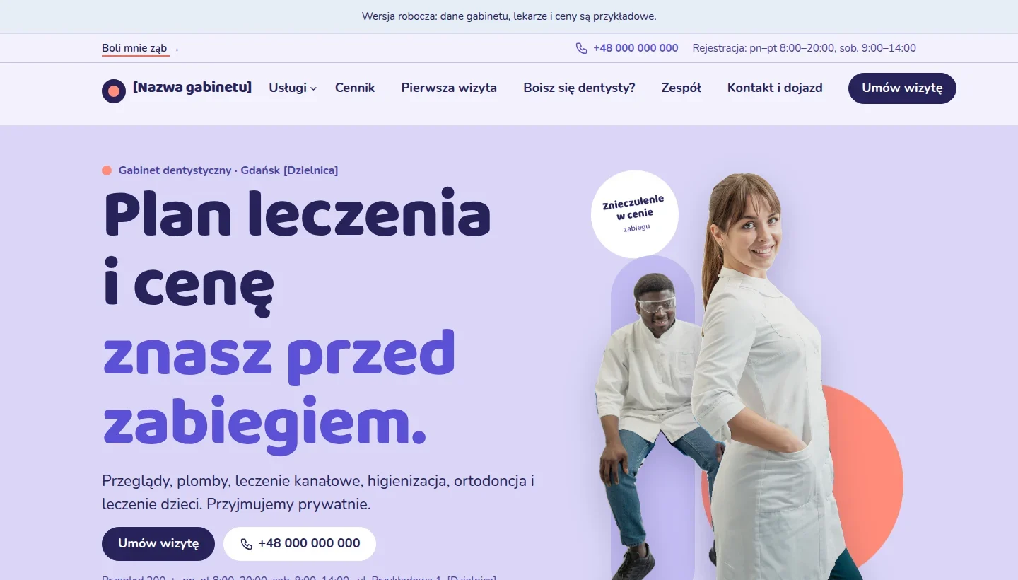 Zrzut pierwszego ekranu strony pokazowej dla branży „Gabinet stomatologiczny”.