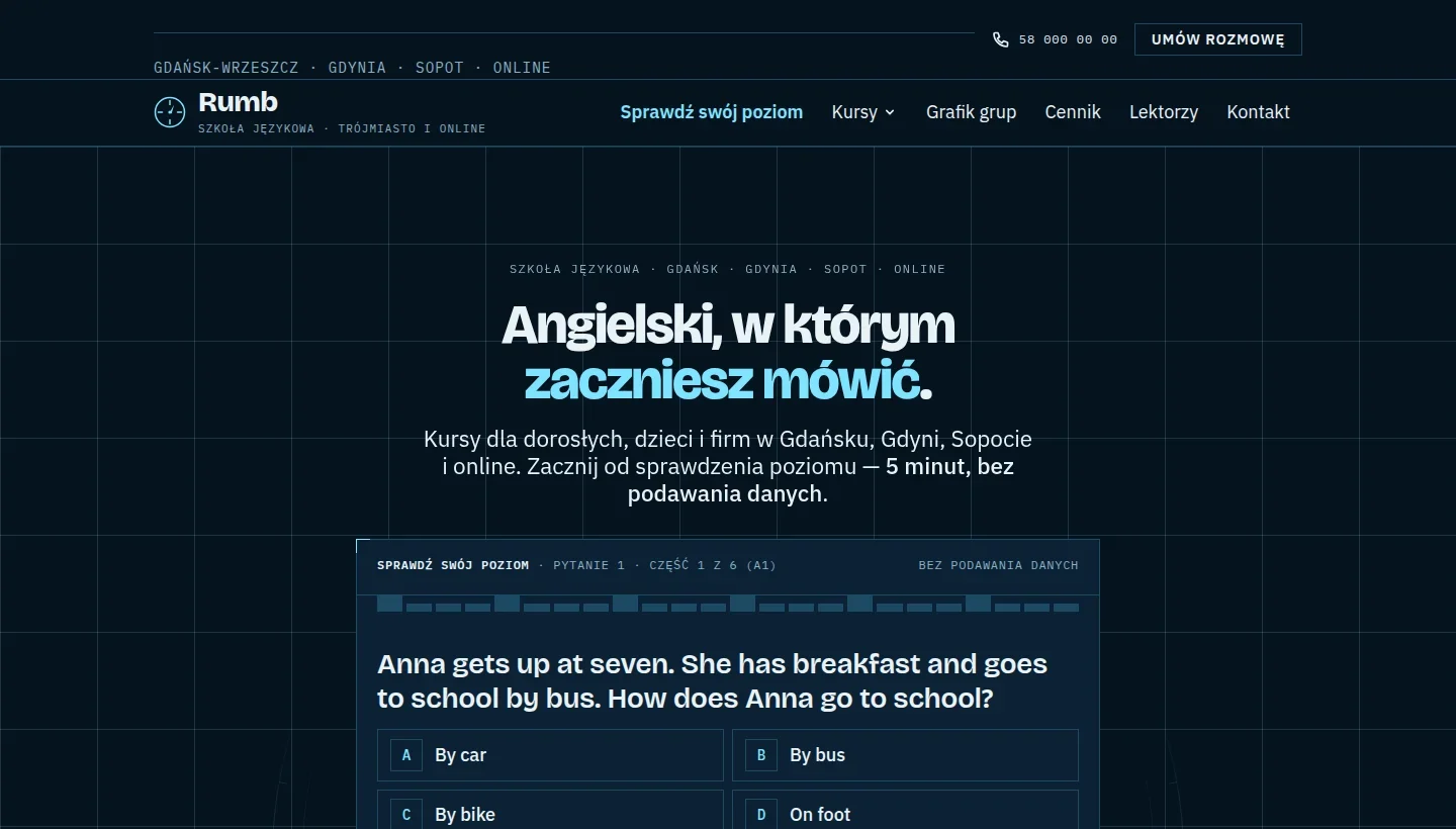 Zrzut pierwszego ekranu strony pokazowej dla branży „Szkoła językowa”.