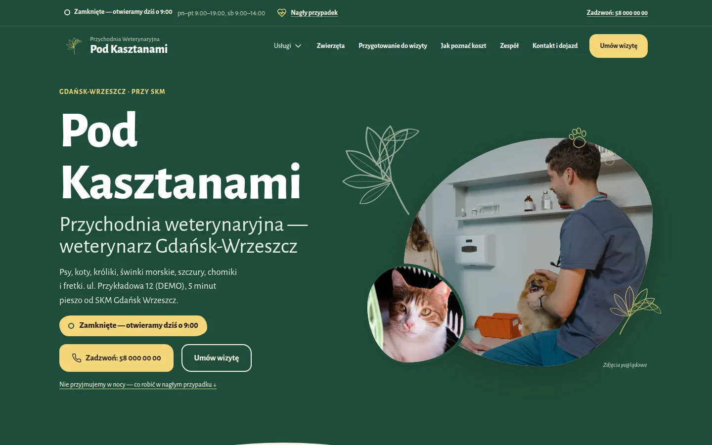 Zrzut strony pokazowej dla branży: Przychodnia weterynaryjna — Status „teraz otwarte” i ścieżka nagłego przypadku