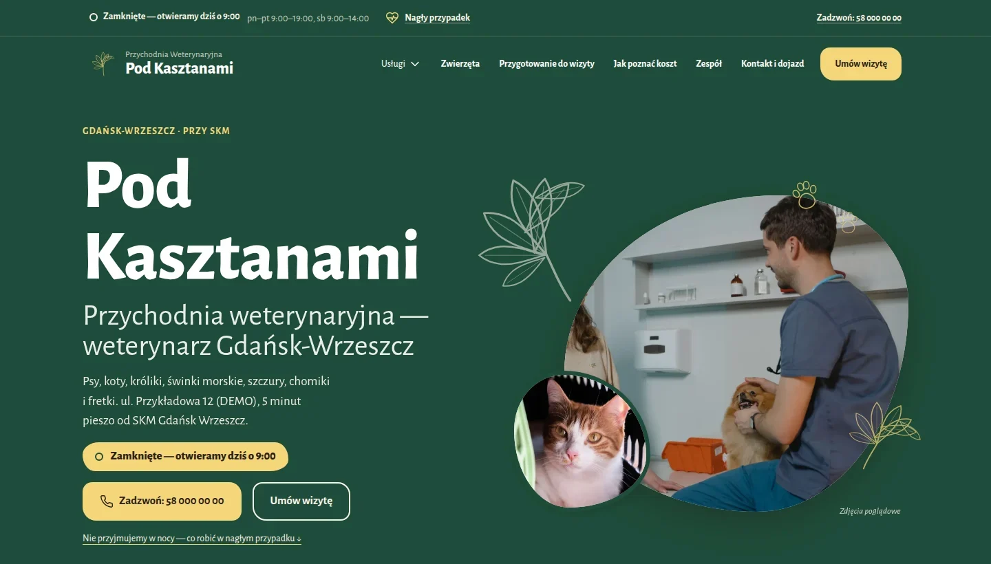 Zrzut pierwszego ekranu strony pokazowej dla branży „Przychodnia weterynaryjna”.